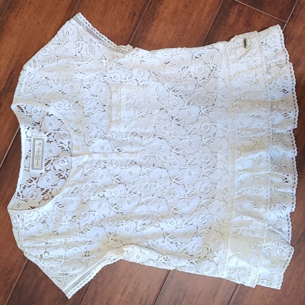 Abercrombie & Fitch Cream Lace Ruffle Short-Sleeve Top